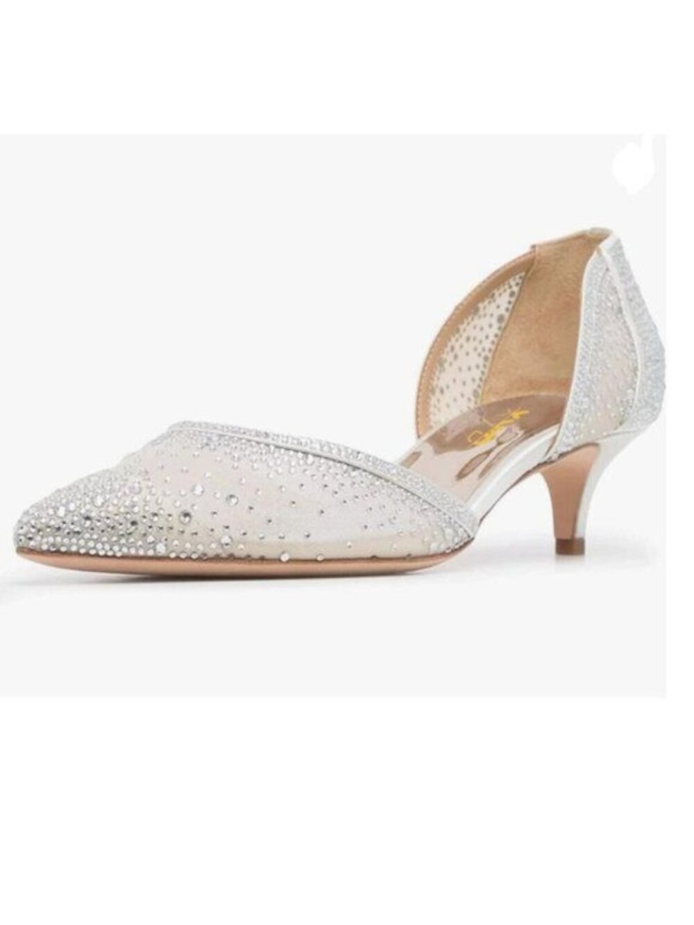 XYD Ivory Mesh Pointed Toe D'Orsay Kitten Heel Rhinestone Pump Slip-On Shoe